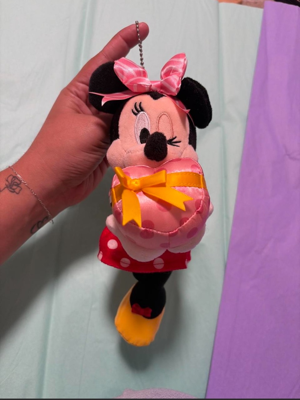 Pink Minnie Mouse Plush Keychain with Yellow Bow